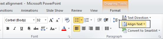 PowerPoint 2010 Foundation Page 84 Click within the body text and then click on the Align Text icon (Located within the Paragraph section of