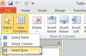 PowerPoint 2010 Foundation Page 91 Click within any table cell that is not currently selected to de-select the column. Row selection We will select the second row.