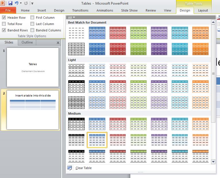 PowerPoint 2010 Foundation Page 95 Your table should look something like this.