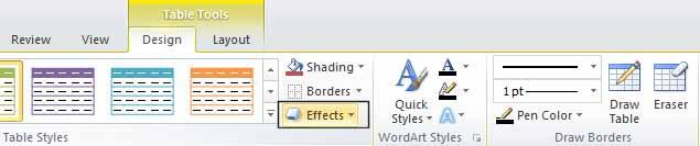 Applying table effects Click within the table and then click on the Effects button