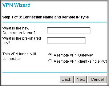 1. Log in to the DG834G v4 on LAN A at its default LAN address of http://192.168.0.1 with its default user name of admin and password of password. Select VPN Wizard on the main menu.