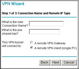 1. Log in to the modem router at its LAN address of http://192.168.0.1 with its default user name of admin and password of password. On the main menu, select VPN Wizard.