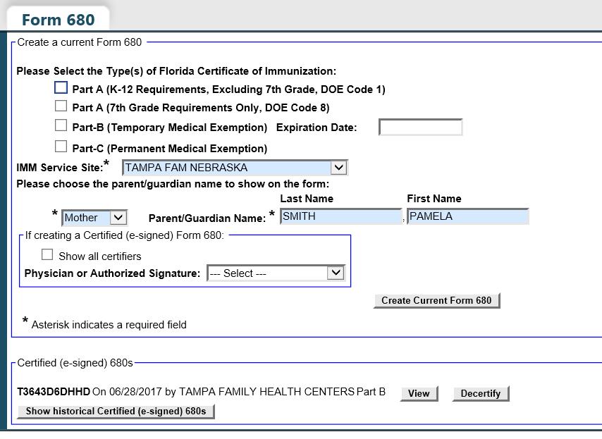 7. DH FORM 680 Printing 680s Use the Form 680 option located in the menu on the left to view and print the D.H. Form 680. Once this link is clicked, the Florida Certification of Immunization selection criteria screen appears.