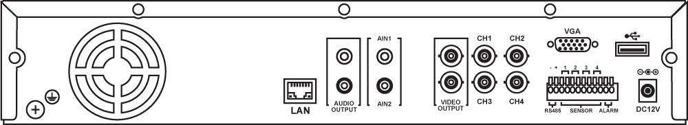 2.2 Rear Panel 15-DVR04M 1: Video Inputs 4 x 75 Ohm BNC video inputs for composite video 2: Video Output 1 x 75 Ohm BNC video output for composite video monitor 3: Audio Input 1 x 50 Ohm Phono audio