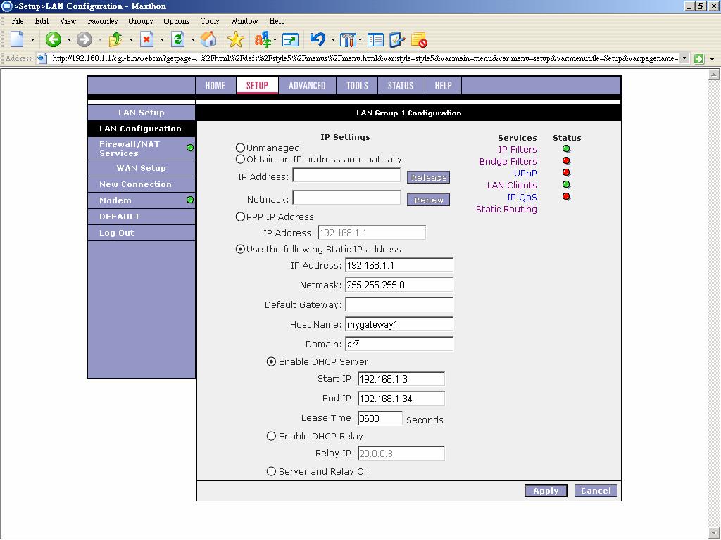 Figure 12 (LAN IP address) The apply button will temporarily save this connection. To make the change permanent you need to click on Tools (at the top of the page) and select System Commands.