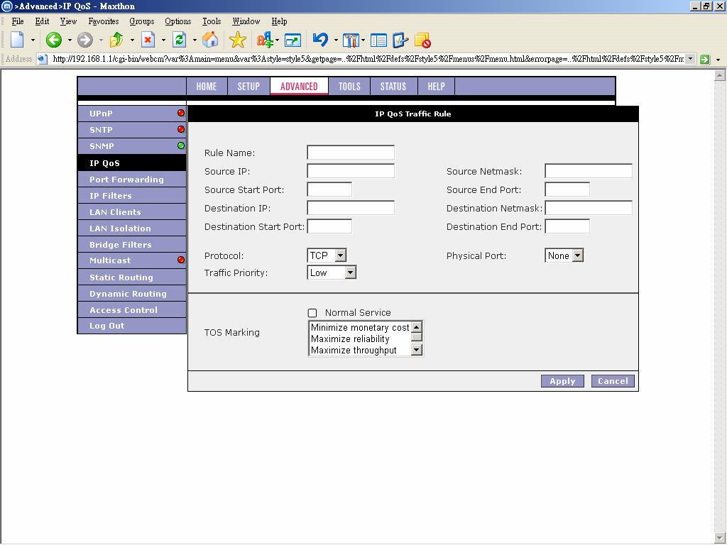 Figure 17 (IP QoS Traffic Rule) The apply button will temporarily save this connection. To make the change permanent you need to click on Tools (at the top of the page) and select System Commands.