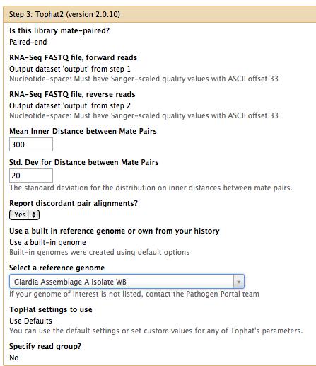 Step3: Configure TopHat there are a number of options that may be modified, however, for the purposes of this exercise the default parameters may be used.