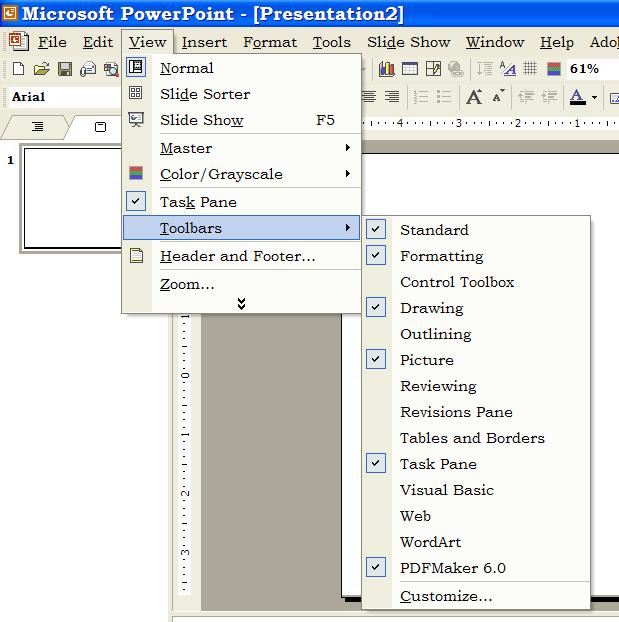 6 Accessing Toolbars As was the case with Word, PowerPoint relies on toolbars.