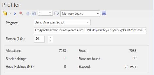 Memory Leaks The Profiler control, showing the count of memory allocations and the count of operations that are memory free. A well behaved program. Memory leak detection is a road well traveled.