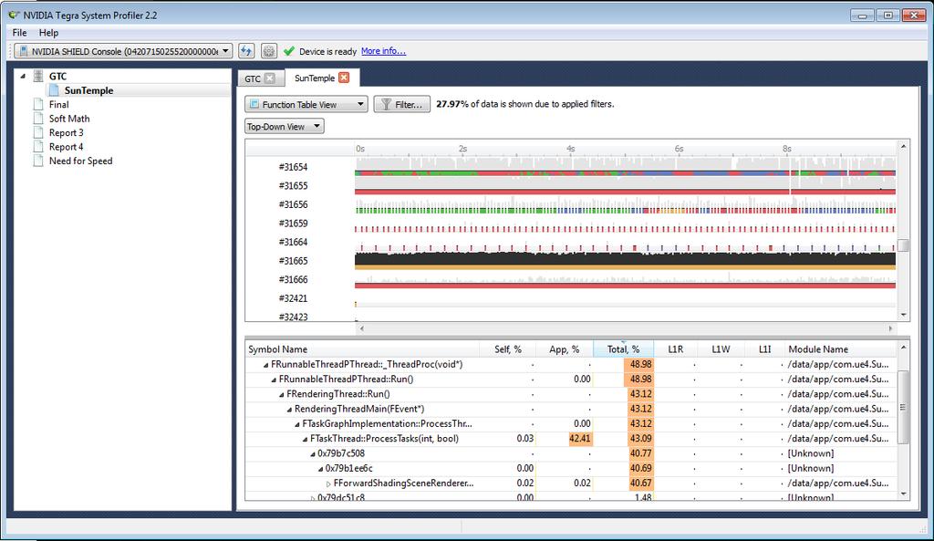 TEGRA SYSTEM PROFILER Multi-core CPU profiler for all Tegra platforms Easily prepare a device and deploy application for profiling Maximize multi-core CPU