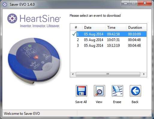 To retrieve defibrillation event data from the samaritan PAD ensure that your samaritan PAD is connected to the PC and then click the PAD Data button.