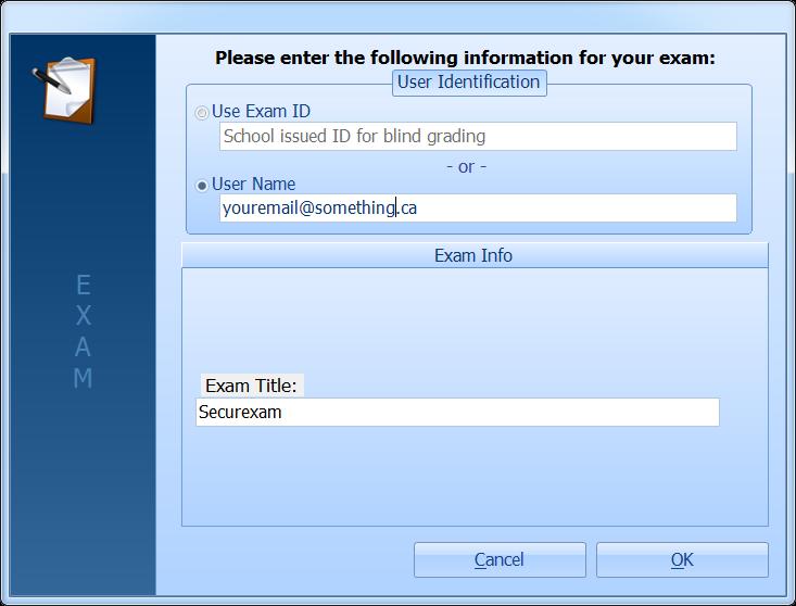 Selecting an Exam To select a practice or generic exam, click on the button Practice or generic exam, on the top left of the screen. The Securexam Exam dialog box appears.