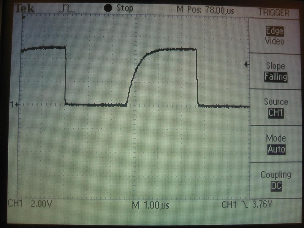 Decrease the timebase of the scope (sec/div) to inspect the shape of the individual SCL clock pulses (Figure LMP5-6).