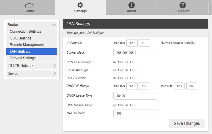 LAN Settings 1. From the Web UI, click Settings>Router>LAN Settings to display the information shown in the following figure. IP Address: IP address for Web User Interface.