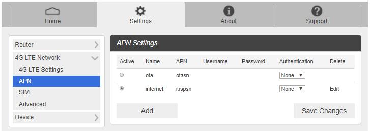 APN 1. From the Web UI, click Settings>4G LTE Network>APN. The default APN parameters are shown in the following figure. You can use the default APN to connect to the Internet.