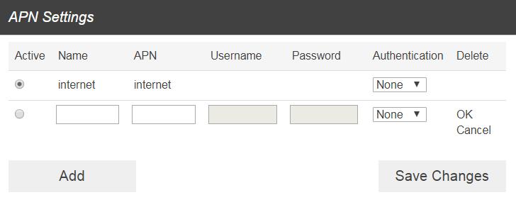 Parameters Name APN User name Password Authentication Description Type the profile name. Type the APN string.