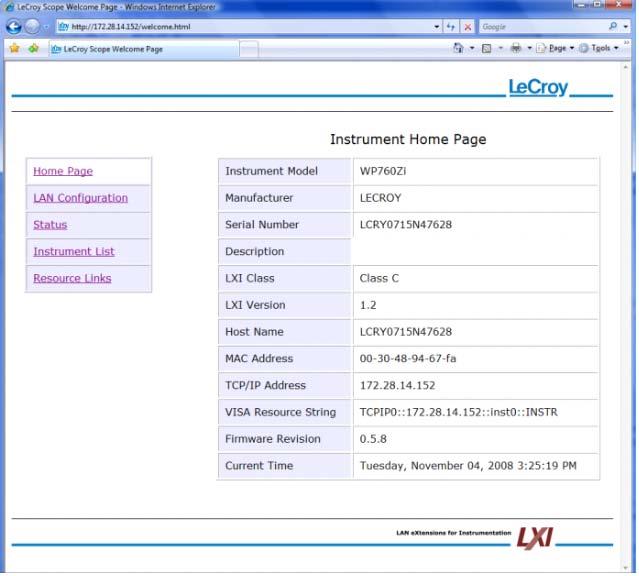 Figure 2 - Web interface homepage Figure 4 - Instrument Status page Using LXI Features Automatically Find