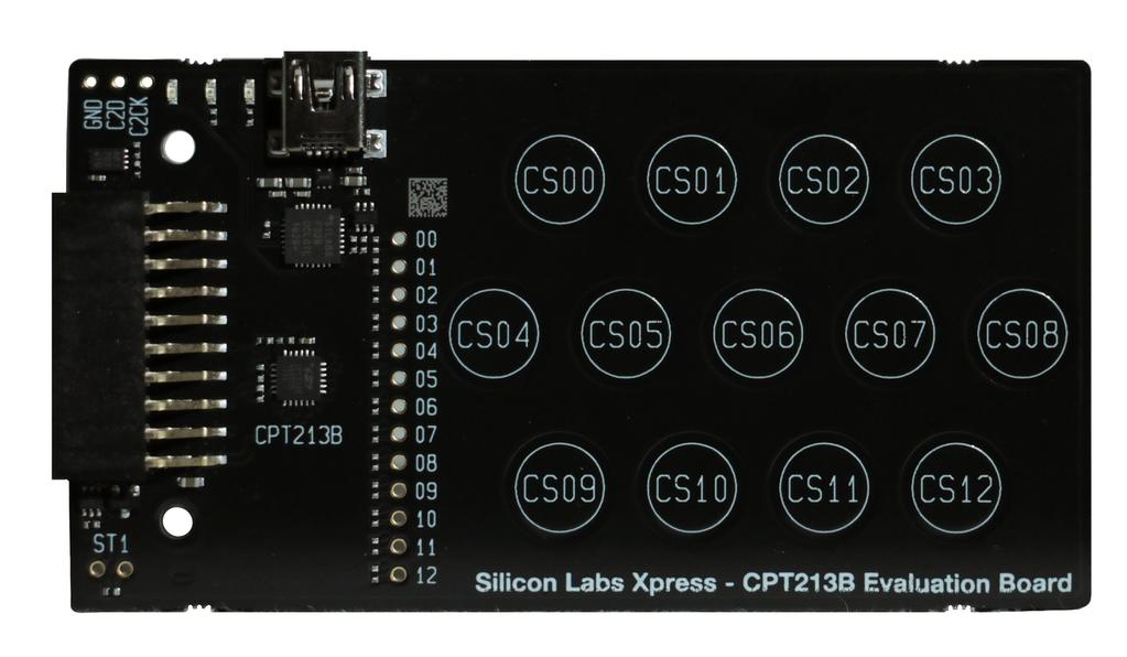 UG294: CPT213B SLEXP8019A Kit User's Guide Kit Hardware Layout 3. Kit Hardware Layout The layout of the CPT213B Capacitive Sense Evaluation Board is shown below.