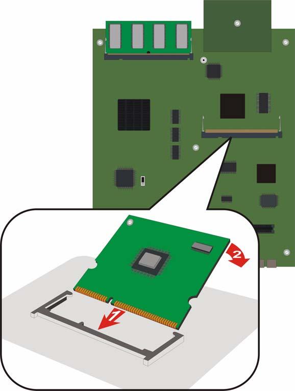 Inserting or removing an MP10, MP20, or MP80 VoIP module Figure 4: Inserting a VoIP module into the VoIP module slot 1 Figure notes: 1. VoIP module locking screw 3. Push the module in all the way.