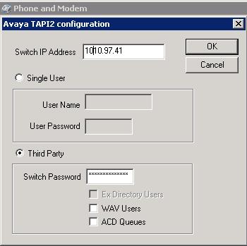 The Avaya TAPI2 configuration screen is displayed as shown below.