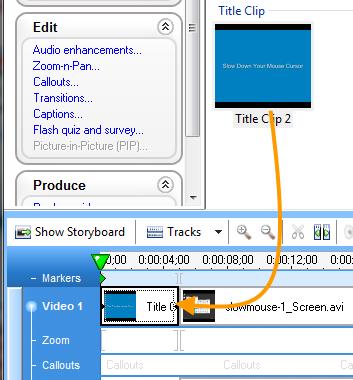 First Walkthrough: Fundamentals of Camtasia Studio 8 Editing with Camtasia Studio E. Drag the title clip from the Clip Bin to the beginning of the Timeline.