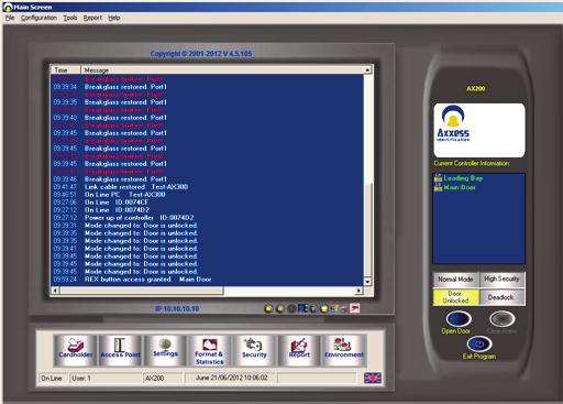 Online Status 22. The Main Screen displays the AX300 controller and peripheral status data, including the two access point names.