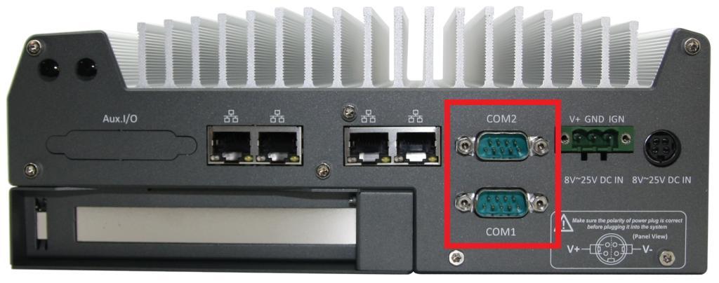 2.3.3 COM Ports (COM1 & COM2) Nuvo-3000 provides two COM ports on the back panel for communicating with external devices. COM1 and COM2 are located on the back panel via 9-pin D-Sub male connectors.