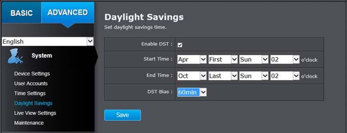 Daylight Savings Setup daylight savings. Live View Settings Setup the live view video quality, file size and file saving directories.