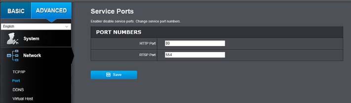 Port You can change the service port numbers of and enable/disable RTSP or HTTP services.