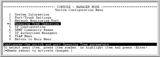 Figure 13-7. The Configuration Menu Indicating a Reboot Is Needed to Implement a Configuration Change 11. Press [0] to return to the Main menu. Figure 13-8.