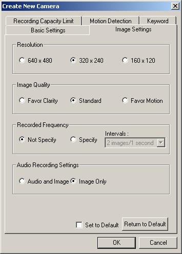 Image Settings Page Setting Description Resolution Select 640 x 480, 320 x 240 (default) or 160 x 120.