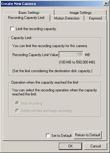 Recording Capacity Limit Page Setting Limit Recording Capacity Description To limit the capacity, check [Limit the recording capacity] and set the capacity.