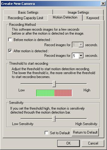 Motion Detection Page Setting Recording Method Threshold Sensitivity Description Record images in the time period before or after motion detection. Adjust the threshold to start recording.