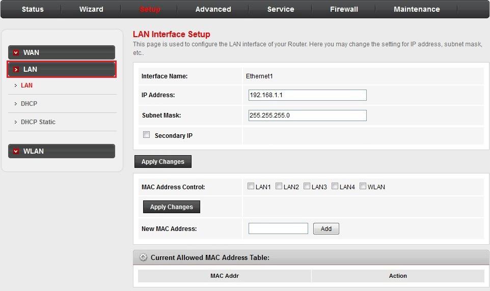Setup LAN: LAN Interface Setup Click the LAN sub-menu in the left pane. The LAN Interface Setup page opens.