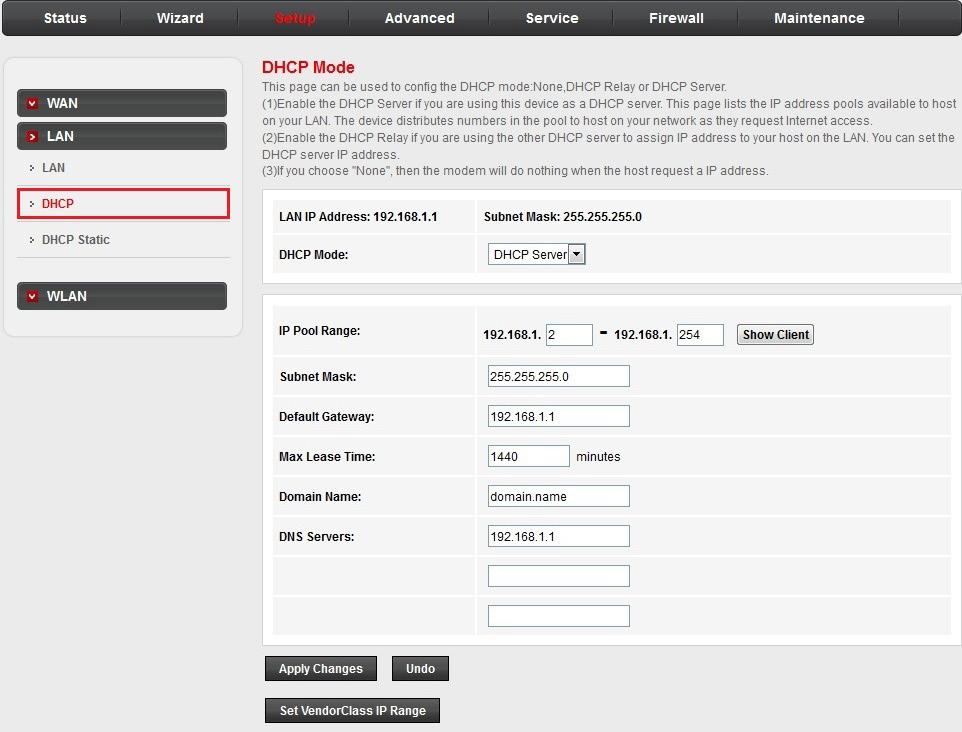 Setup LAN: DHCP mode: Click DHCP in the left pane. The DHCP Mode page opens. On this page, you can configure the DHCP mode of your router as None, DHCP Server or DHCP Relay.