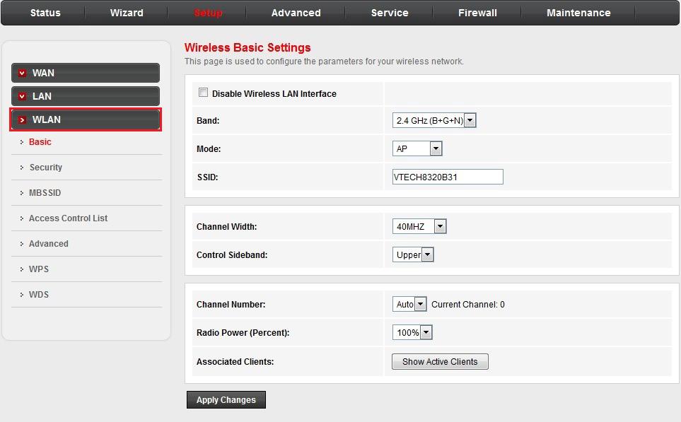 Setup WLAN: Wireless Basic Settings In the left pane, click WLAN. The Wireless Basic Settings page opens.