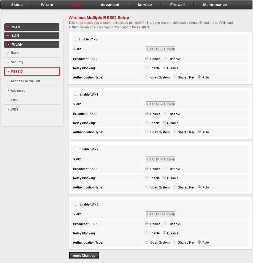 Setup WLAN: Wireless Multiple BSSID Setup In the left pane, click MBSSID. The Wireless Multiple BSSID Setup page opens. This page allows you to set four virtual access points (VAP0 to VAP3).