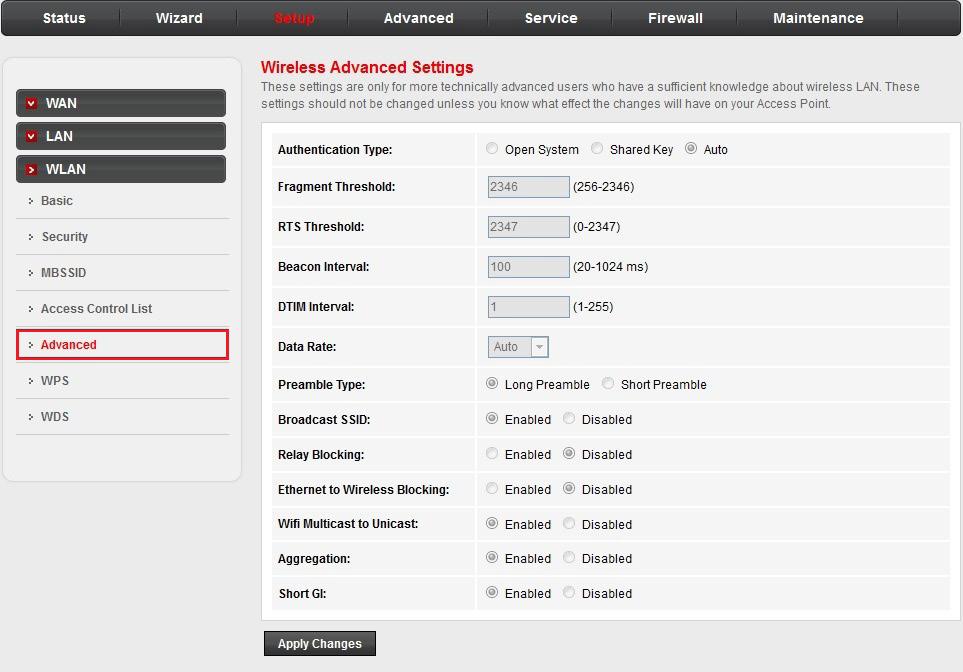 Setup WLAN: Wireless Advanced Settings In the left pane, click Advanced. The Wireless Advanced Settings page opens.
