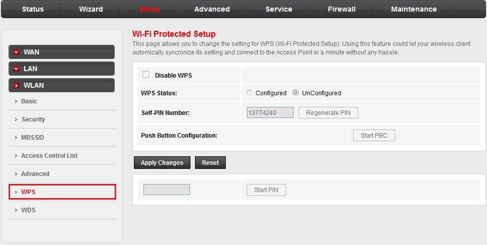 Setup WLAN: Wi-Fi Protected Setup In the left pane, click WPS. The Wi-Fi Protected Setup page opens. WPS is a convenient method for wireless clients to connect to the network.