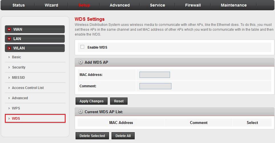 Setup WLAN: WDS Settings In the left pane, click WDS. The WDS Settings page opens. Wireless Distribution System (WDS) uses wireless media to communicate with other access points.