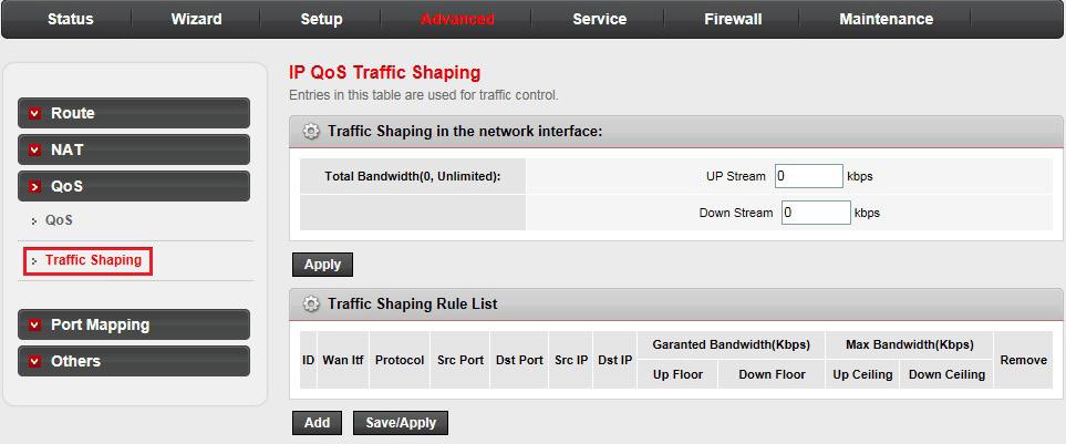 Advanced QoS: IP QoS traffic shaping: Click Traffic Shaping in the left pane.