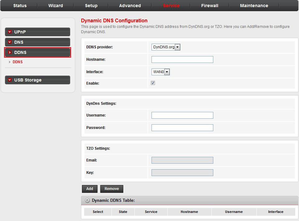Service Dynamic DNS Configuration Dynamic Domain Name Server (DDNS) allows you to point a hostname to a dynamic or static IP address or URL. Click the DDNS sub-menu in the left pane.