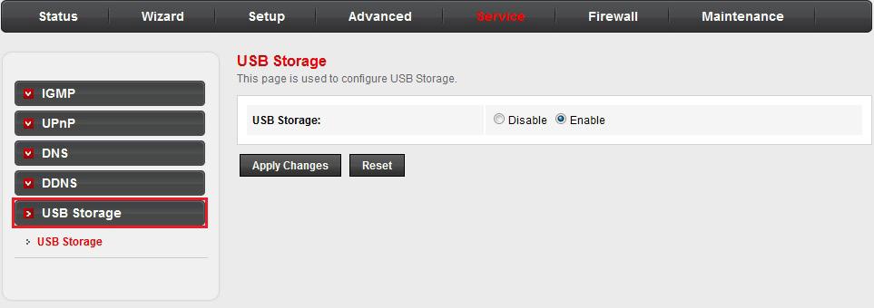Service USB Storage Click the USB Storage sub-menu in the left pane. The USB Storage page opens. On this page, you can enable or disable USB functionality.