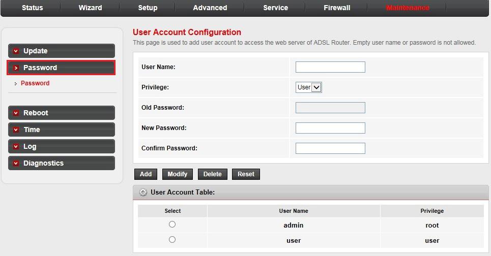Maintenance Password: User account configuration Click the Password sub-menu in the left pane.