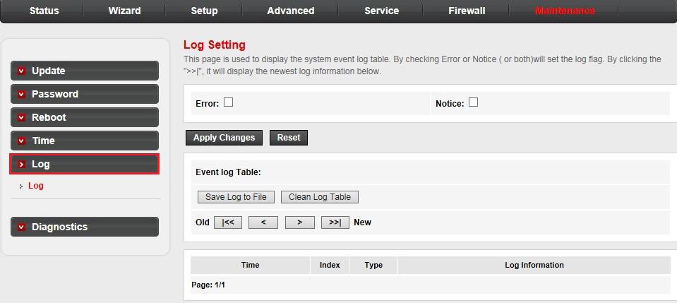 Maintenance Log: Log setting Click the Log sub-menu in the left pane. The Log Setting page opens. On this page, you can configure the parameters of the system log and view the system log information.