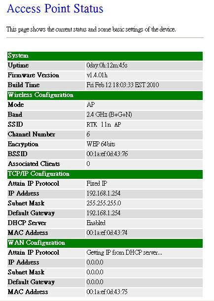4.3.7 Management 4.3.7.1 Status This page shows the current status and some basic settings of the device, includes system, wireless, Ethernet LAN and WAN configuration information.