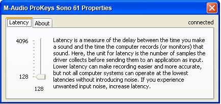 26 The ProKeys Sono Audio Control Panel (Windows Only) The M-Audio ProKeys Sono Control Panel gives you access to certain audio hardware parameters and status displays.