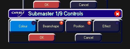 commonly used is to create three submasters one for Cyan, one for Magenta and one for Yellow. Press the Submaster Controls button, then select the attributes required using the on-screen buttons.