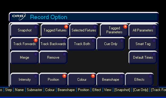 Advanced Programming Advanced Programming Record Options Window After setting up the required data in the programmer and pressing the RECORD key the Record Options Window is displayed, and the Record