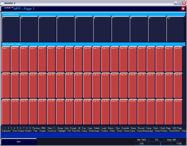 This is indicated by the MFF window being dark blue. In Submaster Mode, all 60 faders function as submasters.